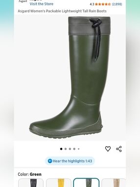 Women's sz 9 Tall Rain Boots Barefoot Flexible Flat No Arch Foldable Green